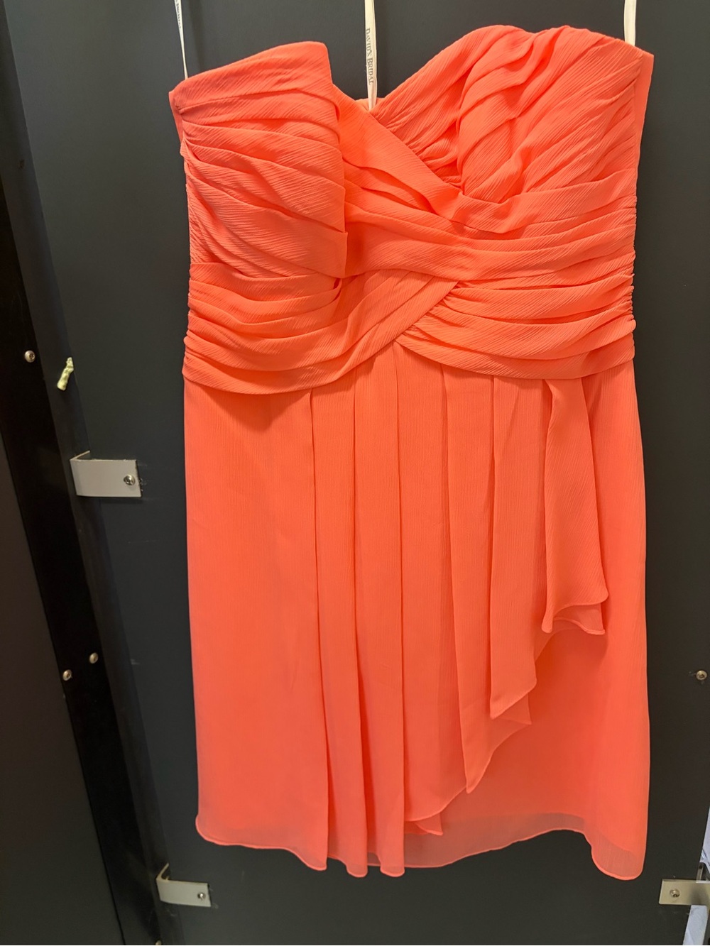 David's Bridal Strapless Pleated Coral-Orange Chiffon Dress
